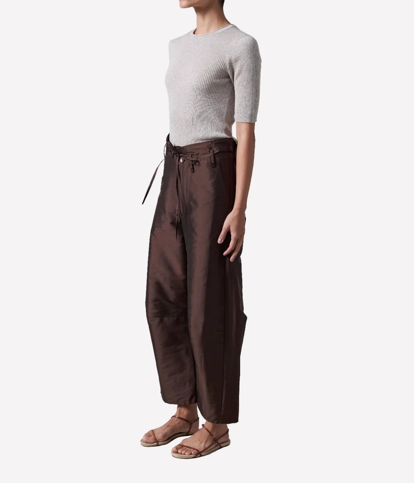 Chan Luu Taffeta Barrel Pant in Chocolate - women's high-waisted barrel leg trousers, side view on model