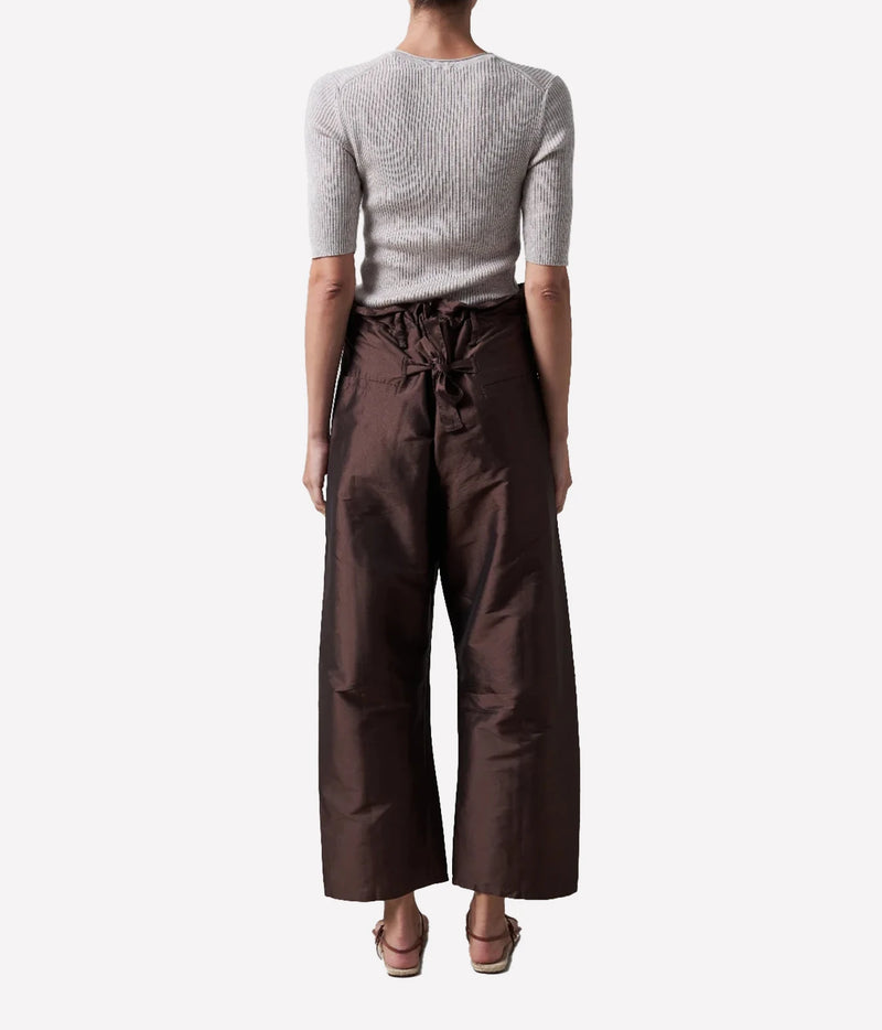 Chan Luu Taffeta Barrel Pant in Chocolate - women's high-waisted barrel leg trousers, back view on model