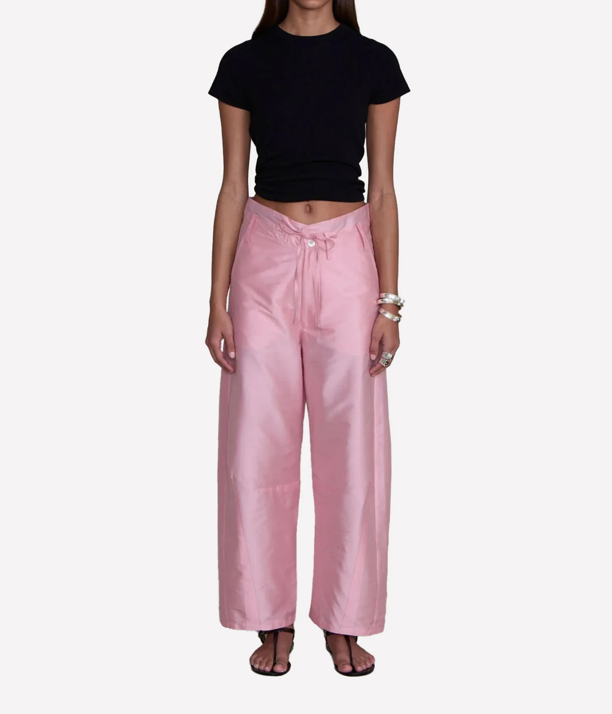 Chan Luu Taffeta Barrel Pant in Rose - women's high-waisted barrel leg trousers, front view on model