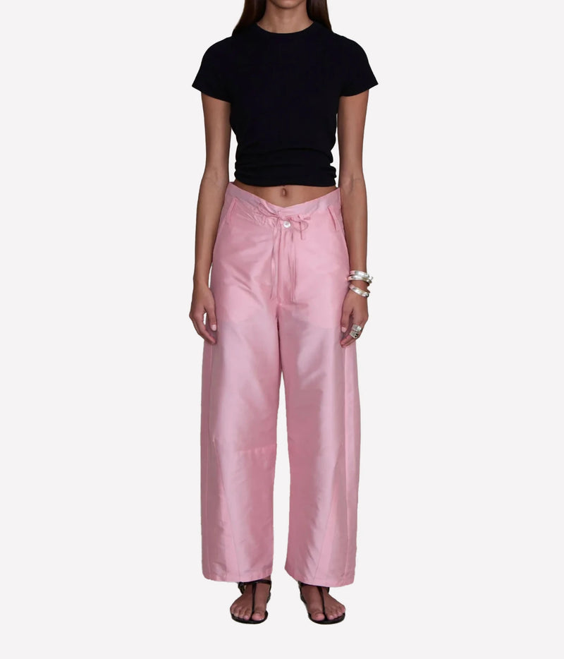 Chan Luu Taffeta Barrel Pant in Rose - women's high-waisted barrel leg trousers, front view on model