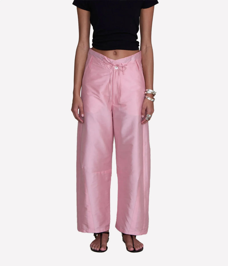 Chan Luu Taffeta Barrel Pant in Rose - women's high-waisted barrel leg trousers, close-up front view