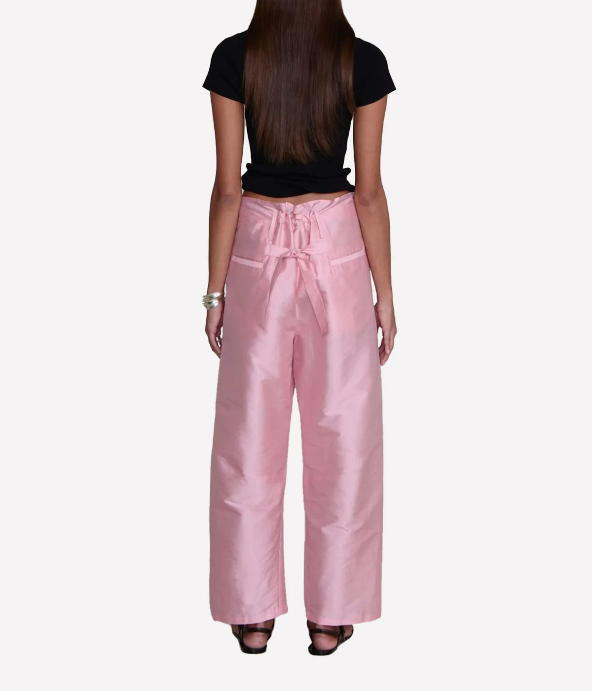 Chan Luu Taffeta Barrel Pant in Rose - women's high-waisted barrel leg trousers, back view on model