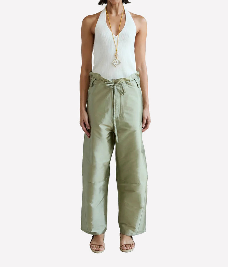 Chan Luu Taffeta Barrel Pant in Sage - women's high-waisted barrel leg trousers, front view on model
