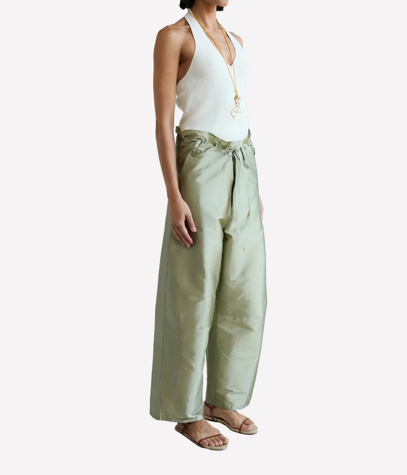 Chan Luu Taffeta Barrel Pant in Sage - women's high-waisted barrel leg trousers, side view on model