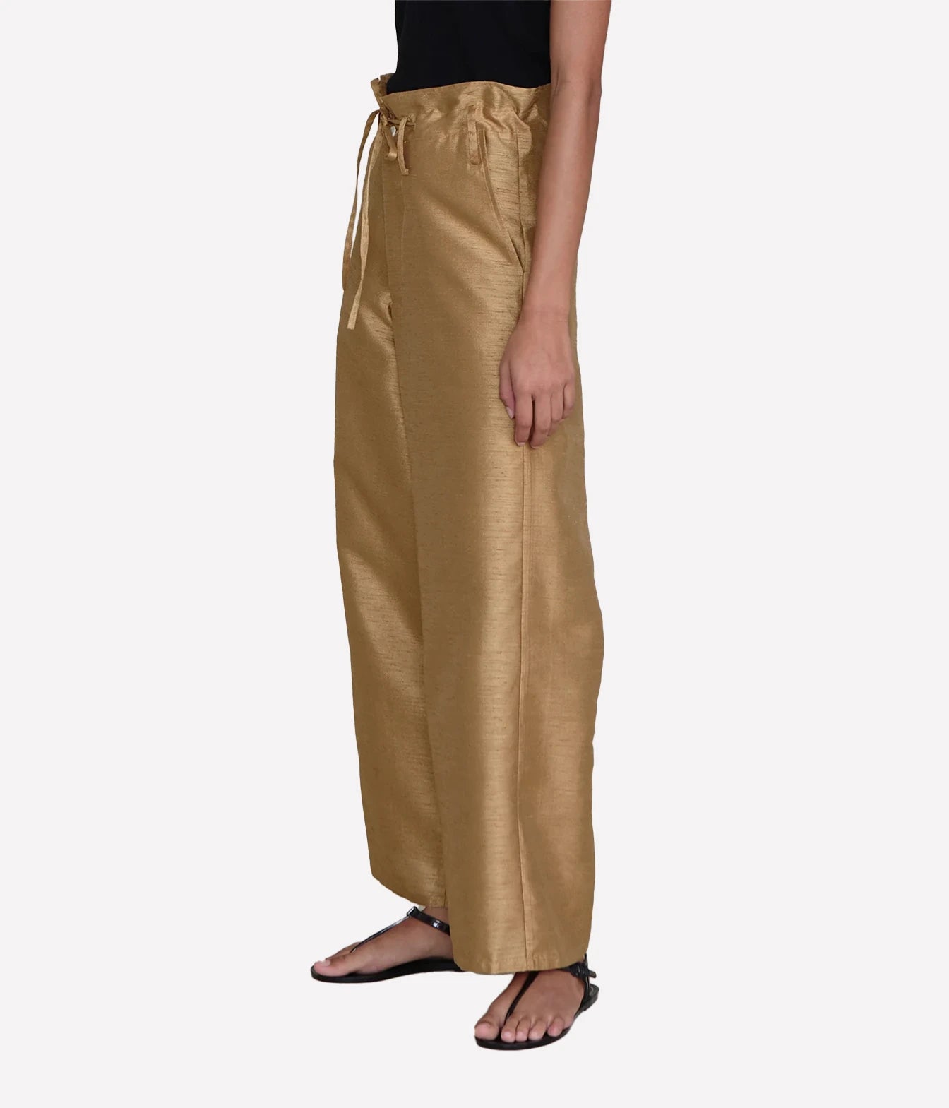 Chan Luu Dupion Straight Leg Trouser in Camel - side profile view on model
