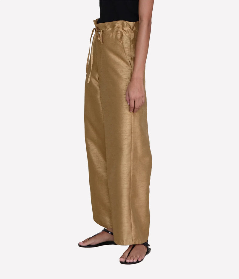 Chan Luu Dupion Straight Leg Trouser in Camel - side profile view on model