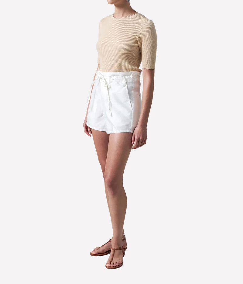Chan Luu Dupion Short in White - women's high-waisted linen-blend paper bag shorts, side profile view
