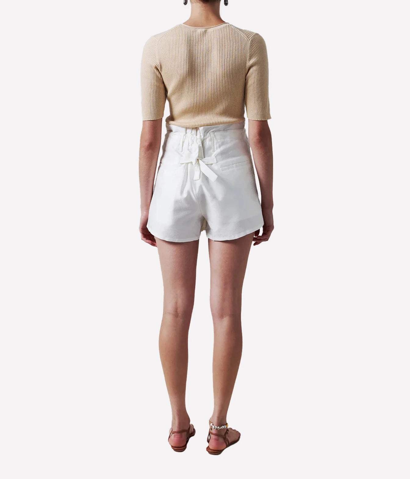 Chan Luu Dupion Short in White - women's high-waisted linen-blend paper bag shorts, three-quarter view styled with knit top
