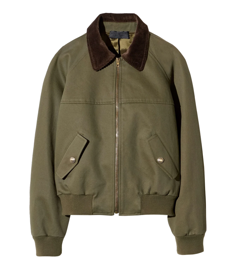 Nili Lotan Victor Bomber Jacket in Army Green, front view