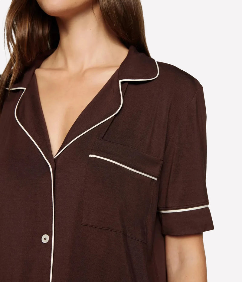 Close-up of the Eberjey Gisele Relaxed Short PJ Set in Chocolate & Ivory showing the notch collar, open V neckline and ivory-piped chest pocket
