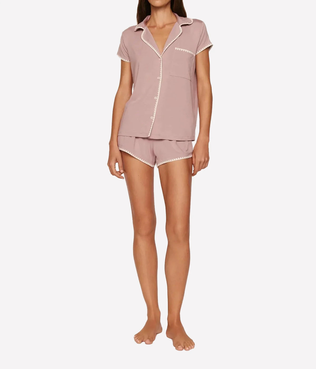 Full-length front view of a model wearing the Eberjey Frida Shortie PJ Set in Woodrose & Ivory