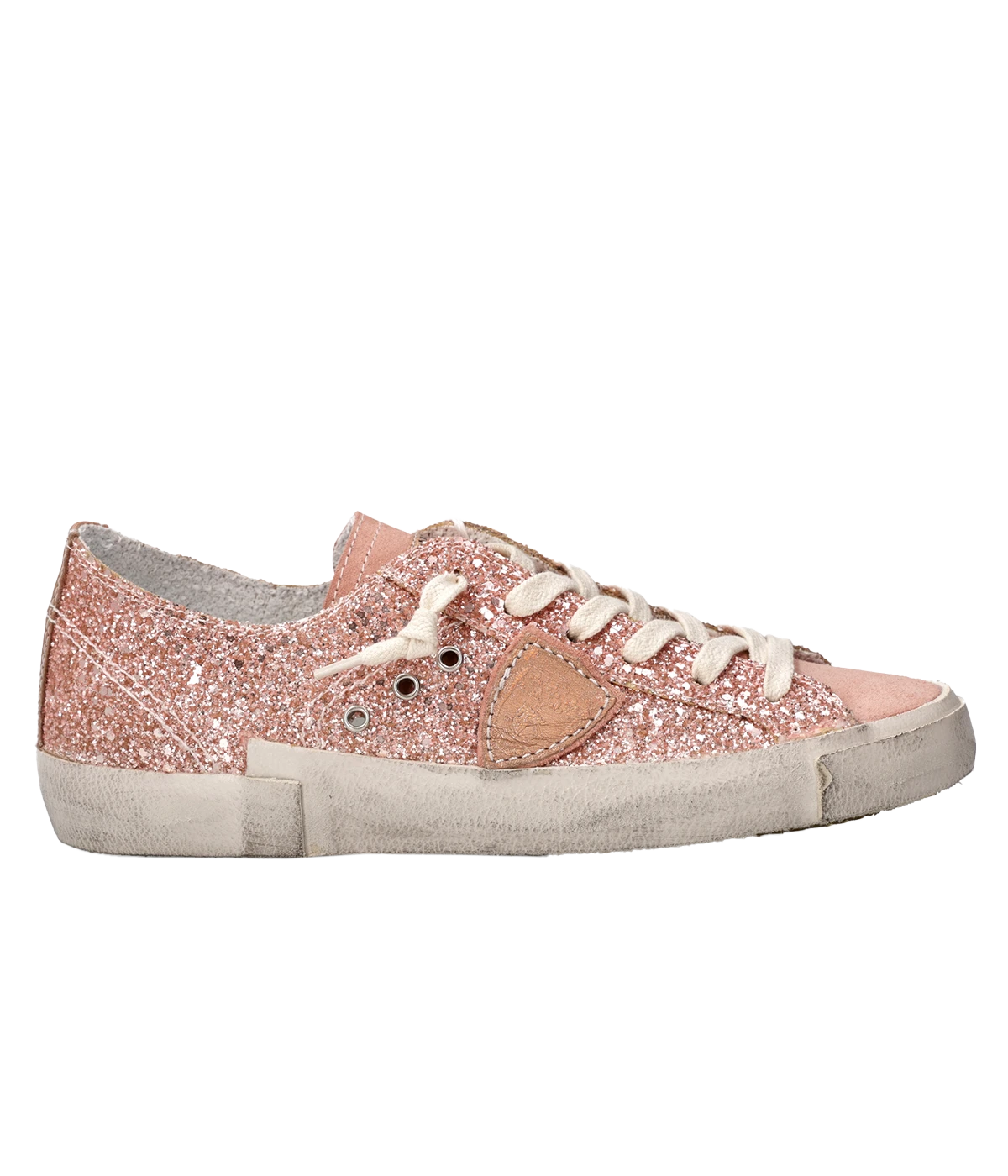 ALT TEXT: Glittery rose low-top sneaker by Philippe Model, featuring premium leather and fabric details.
