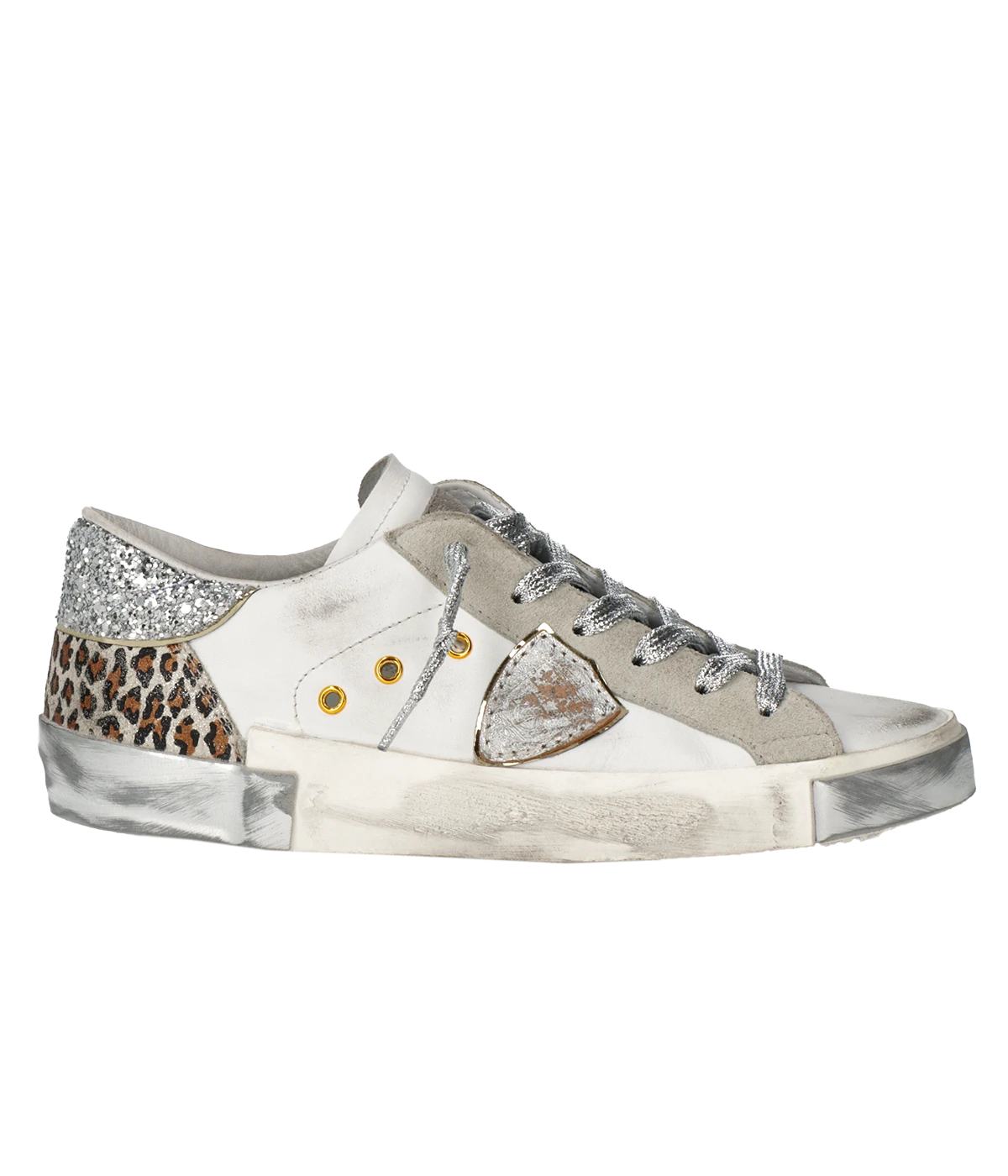 PRSX Low Woman in Veau Leo Glitter Blanc Argent