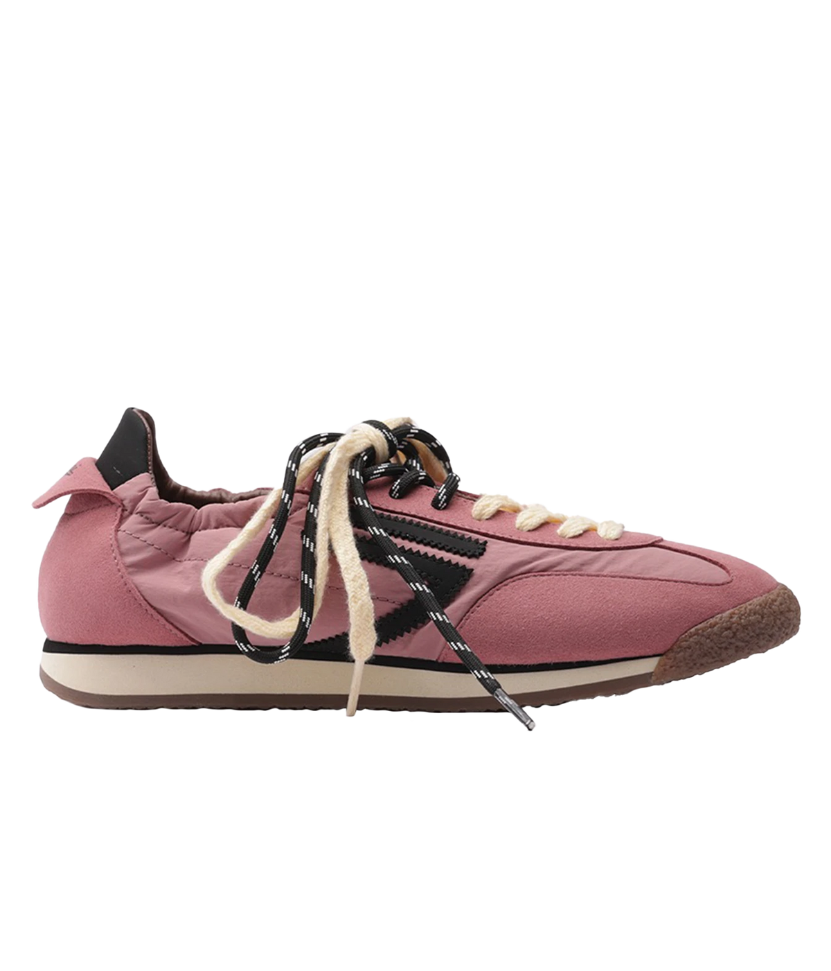 A pink low-top sneaker with black side stripes, cream laces, and a brown outsole, shown in profile against a white background.