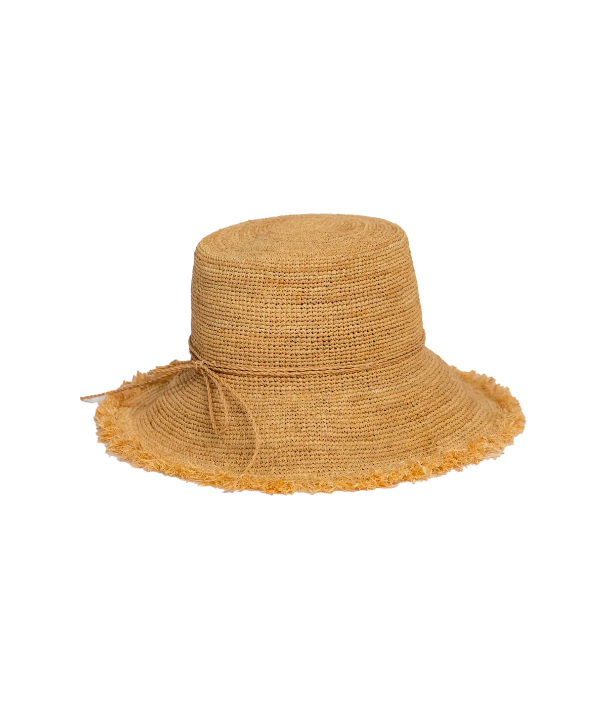 ALT text: A natural-coloured raffia bucket hat with a soft brim and an adjustable interior sweatband, displayed rolled up for portability.