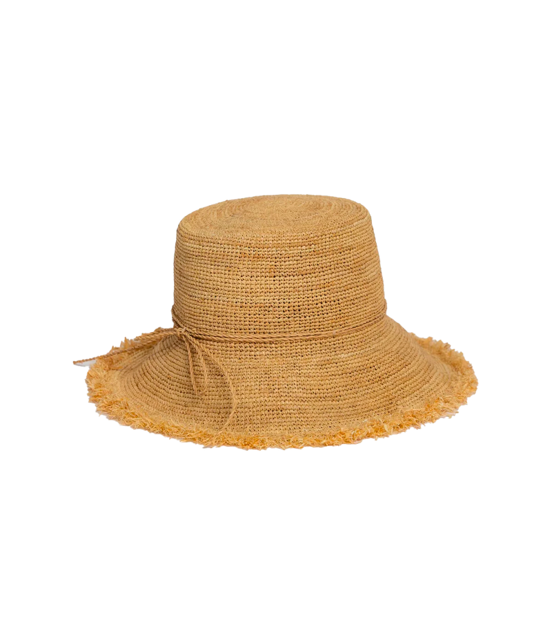ALT text: A natural-coloured raffia bucket hat with a soft brim and an adjustable interior sweatband, displayed rolled up for portability.