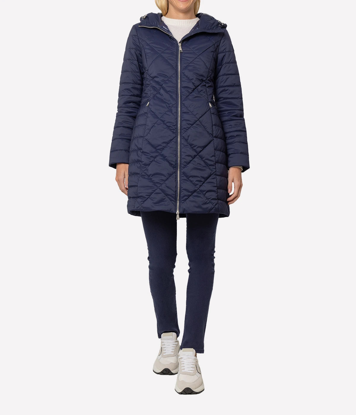 Padded Hooded Long Jacket in Midnight Blue