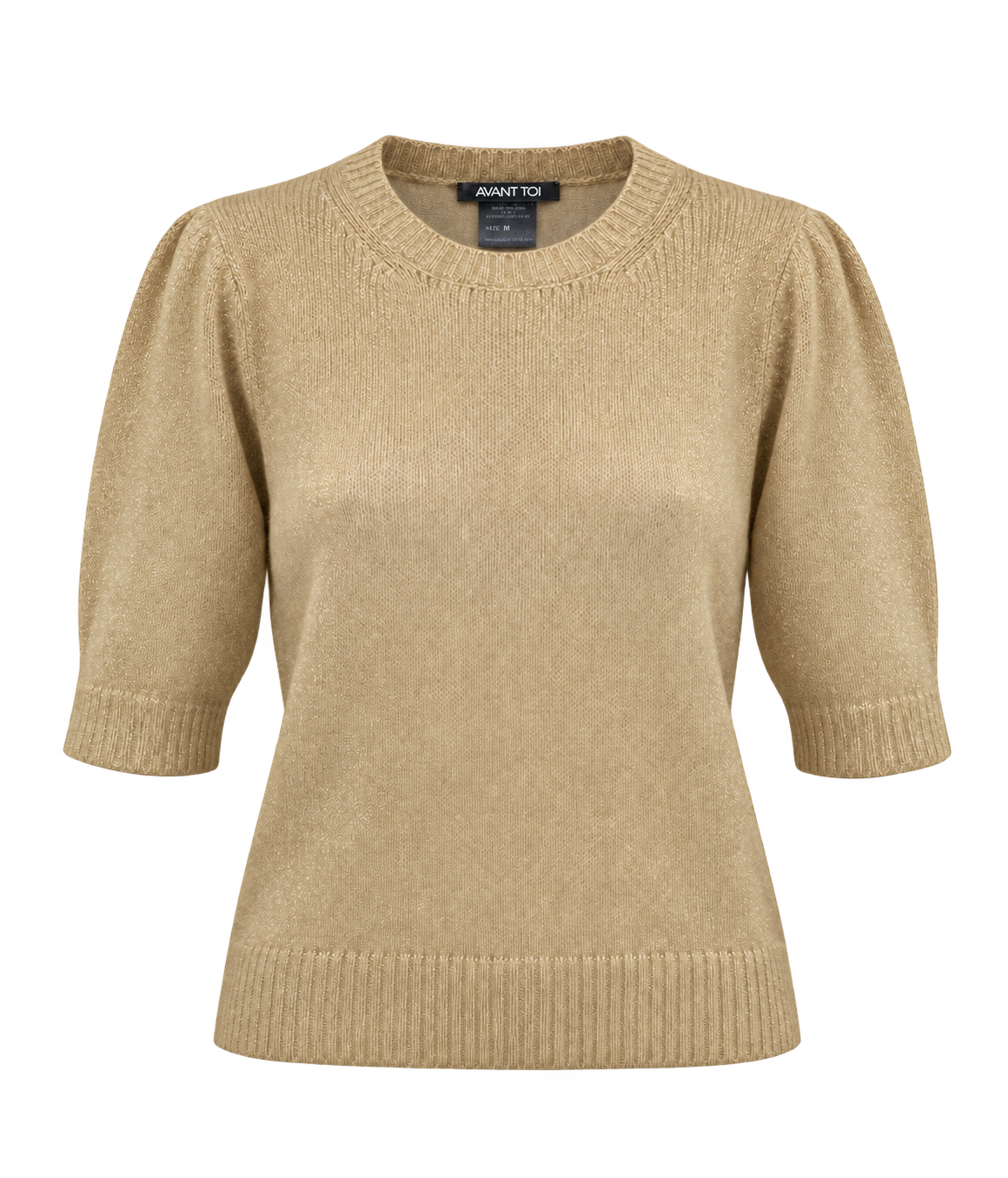 Front product view of Avant Toi Cashmere Short Sleeve in Burro with a hand-painted gold finish and puff sleeves