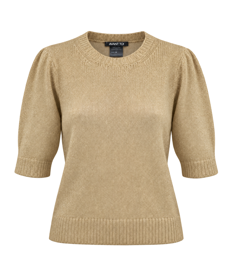 Front product view of Avant Toi Cashmere Short Sleeve in Burro with a hand-painted gold finish and puff sleeves