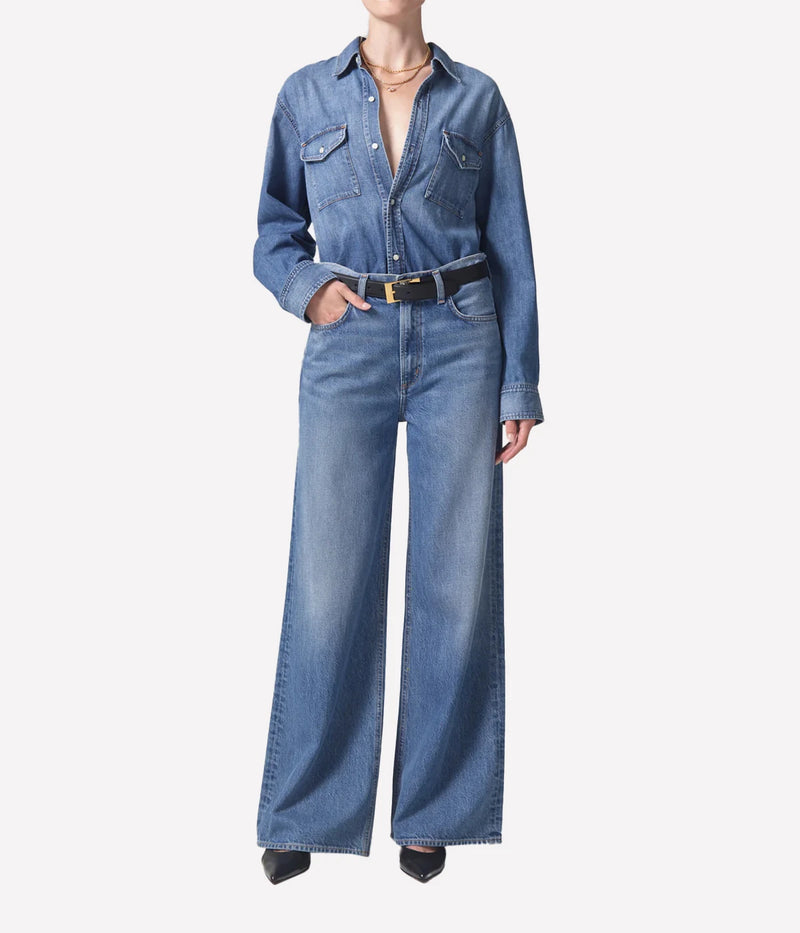 Paloma baggy leg jeans with vintage detailing, sitting at the waist with an easy flowing leg and zip fly closure.
