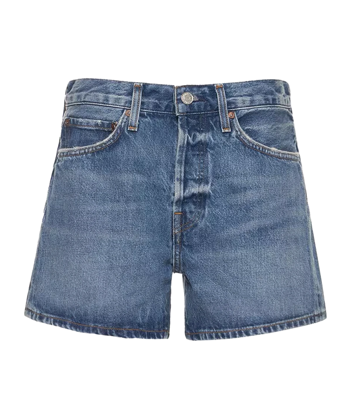 A ridged denim short in a medium blue wash colourway, with a zip and button fly, longer leg and clean hem. Rigid Denim, made in USA, comfortable, summer short, summer staple, everyday basic.
