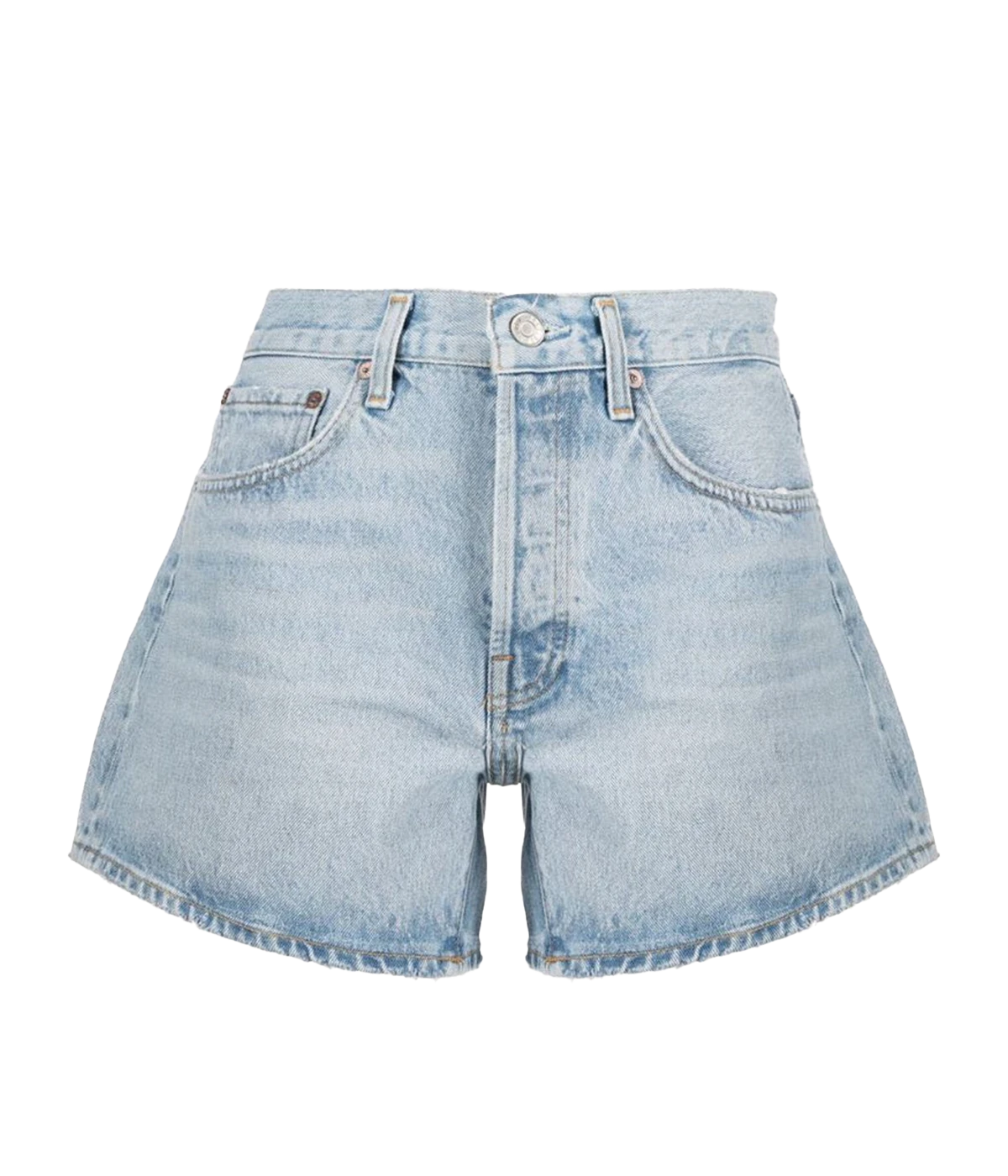 A ridged denim short in a light blue wash colourway, with a zip and button fly, longer leg and clean hem. Rigid Denim, made in USA, comfortable, summer short, summer staple, everyday basic.