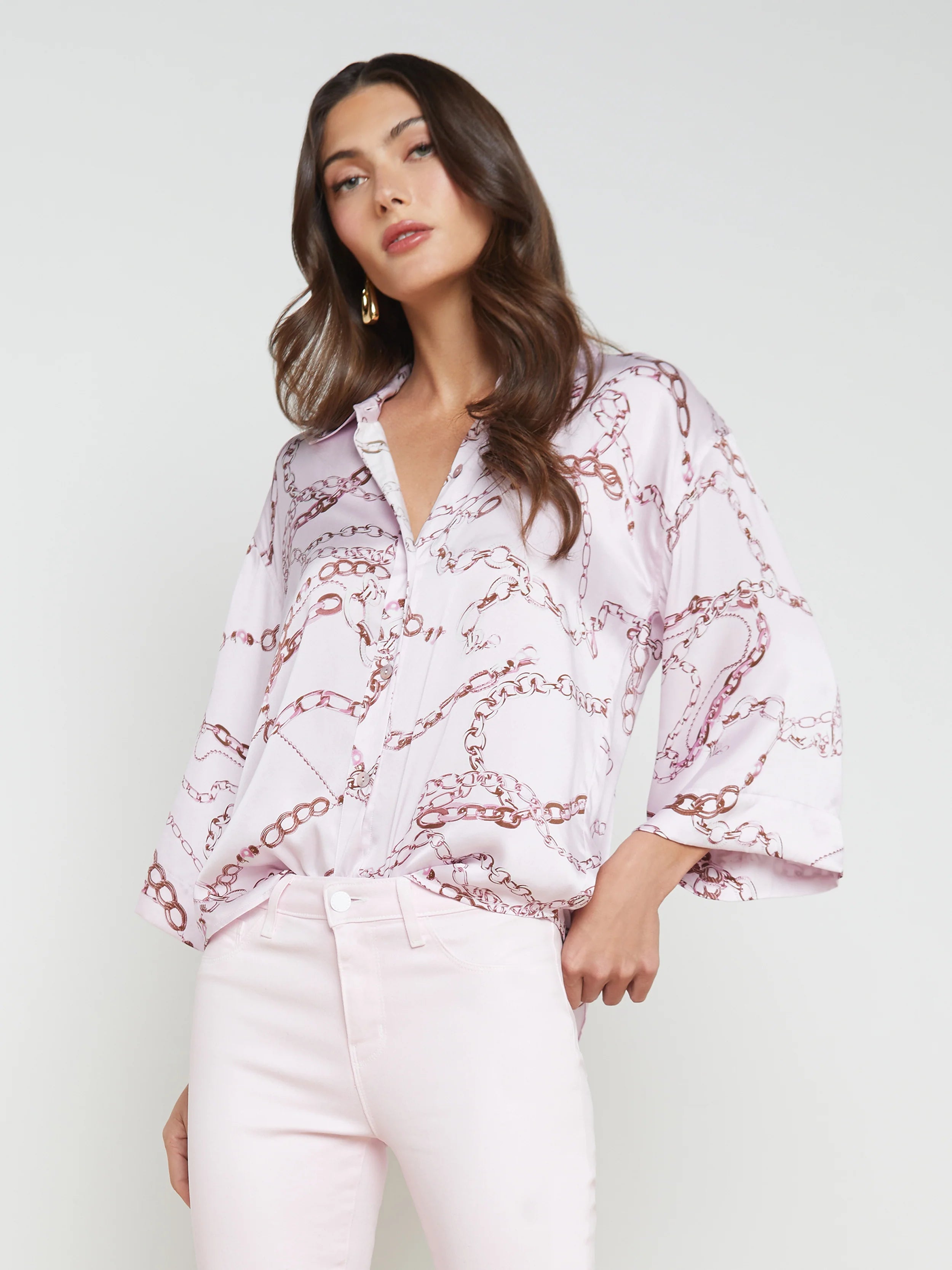 Patrice Short Sleeve Blouse in Lilac Snow Multi Sketch Chain