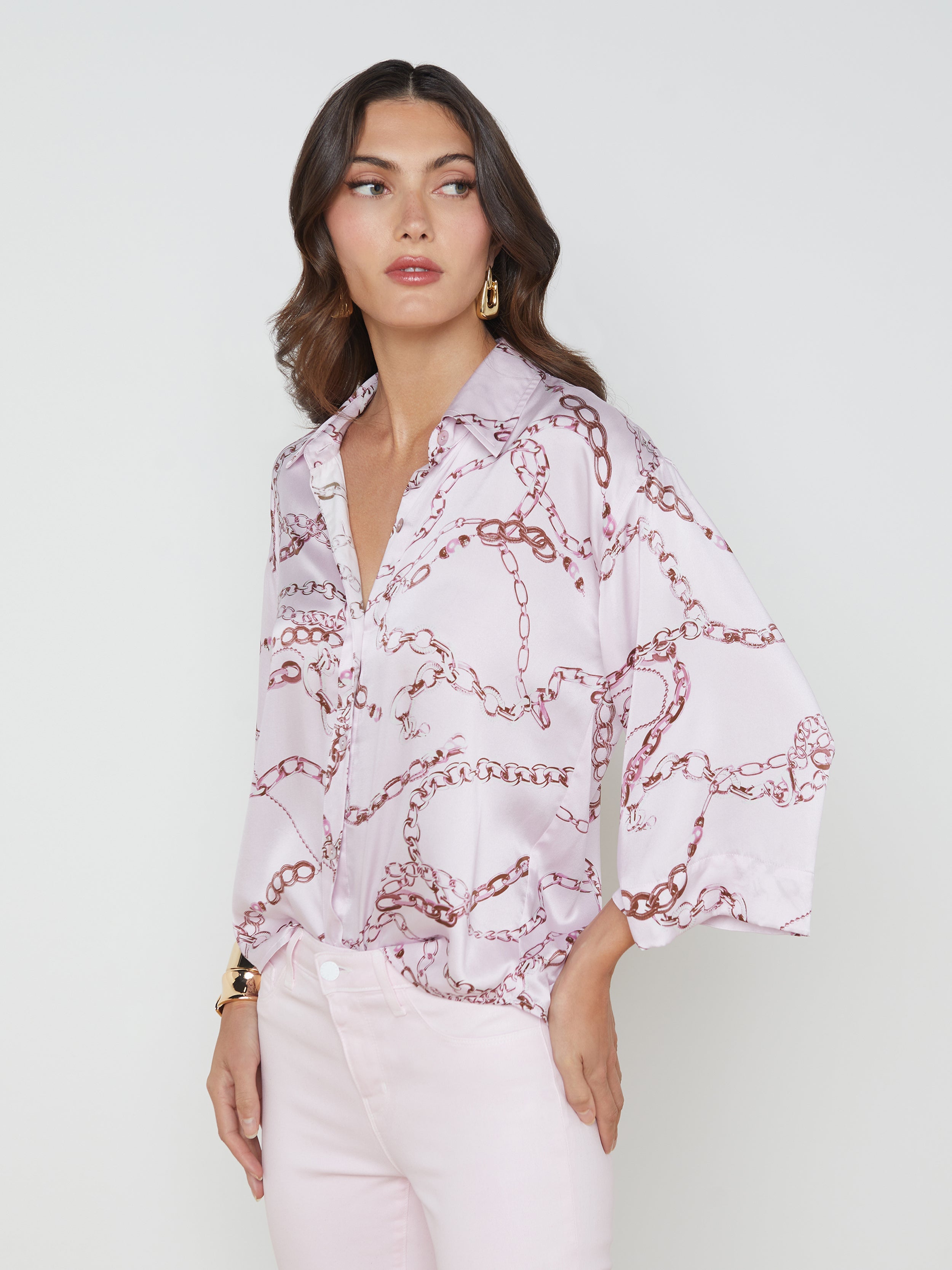 Patrice Short Sleeve Blouse in Lilac Snow Multi Sketch Chain