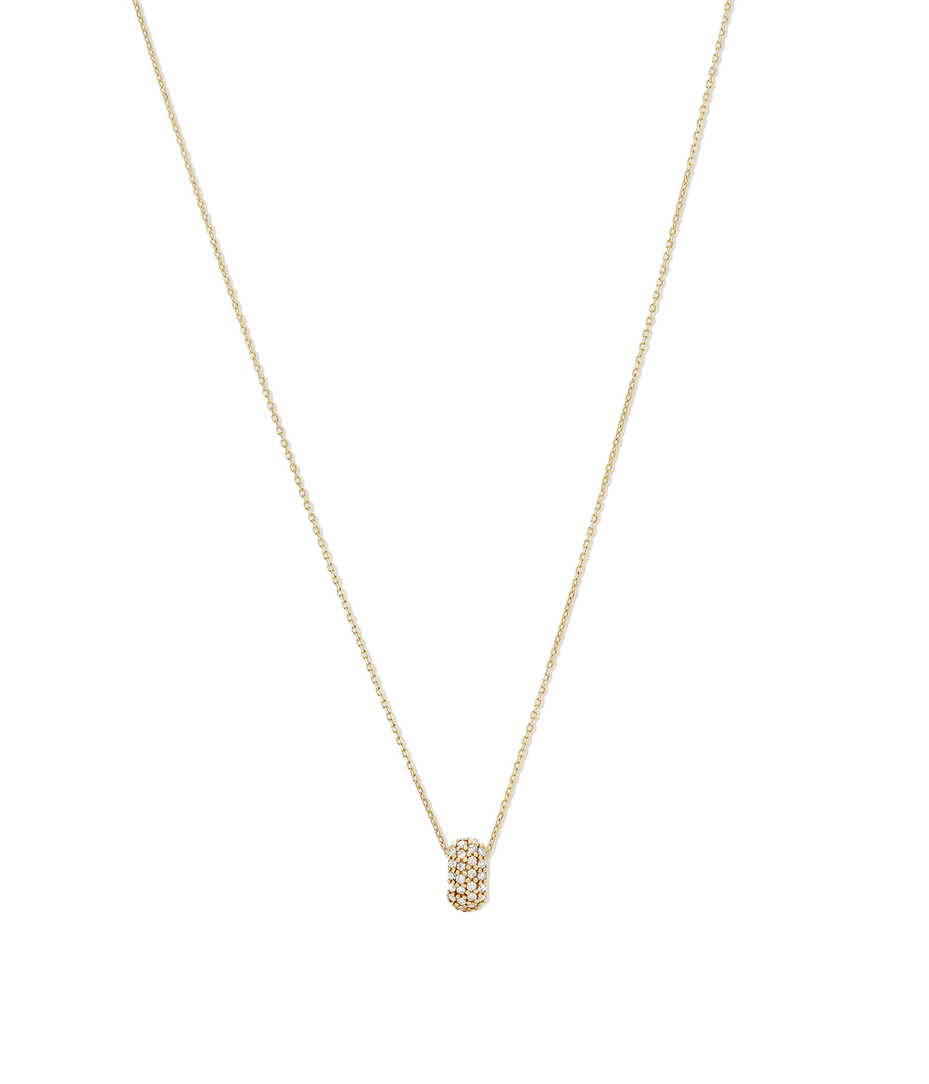 A delicate gold chain necklace with a small cylindrical pendant paved with tiny clear stones, displayed against a solid white background.