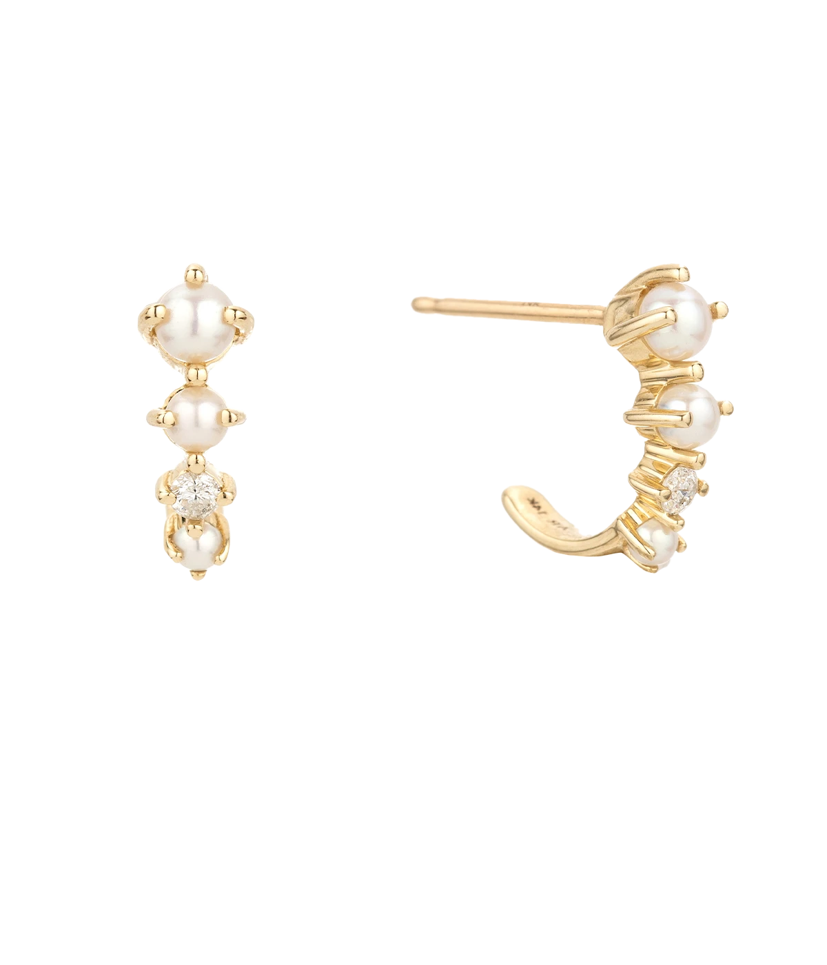 A delicate and dainty pair of j hoop earrings, these 14k yellow gold post graduated prong-set pearl and diamond earrings hug the ear. Fine jewellery, yellow gold jewellery, every day wear, minimal jewellery.