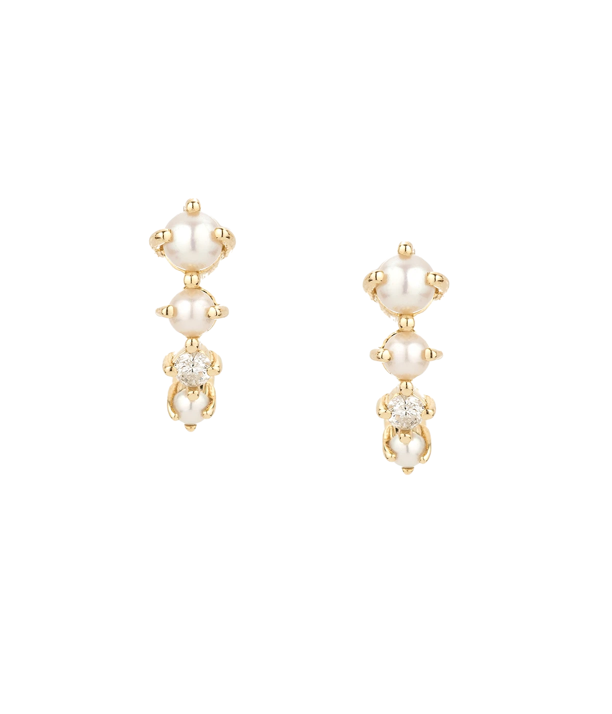 A delicate and dainty pair of j hoop earrings, these 14k yellow gold post graduated prong-set pearl and diamond earrings hug the ear. Fine jewellery, yellow gold jewellery, every day wear, minimal jewellery.