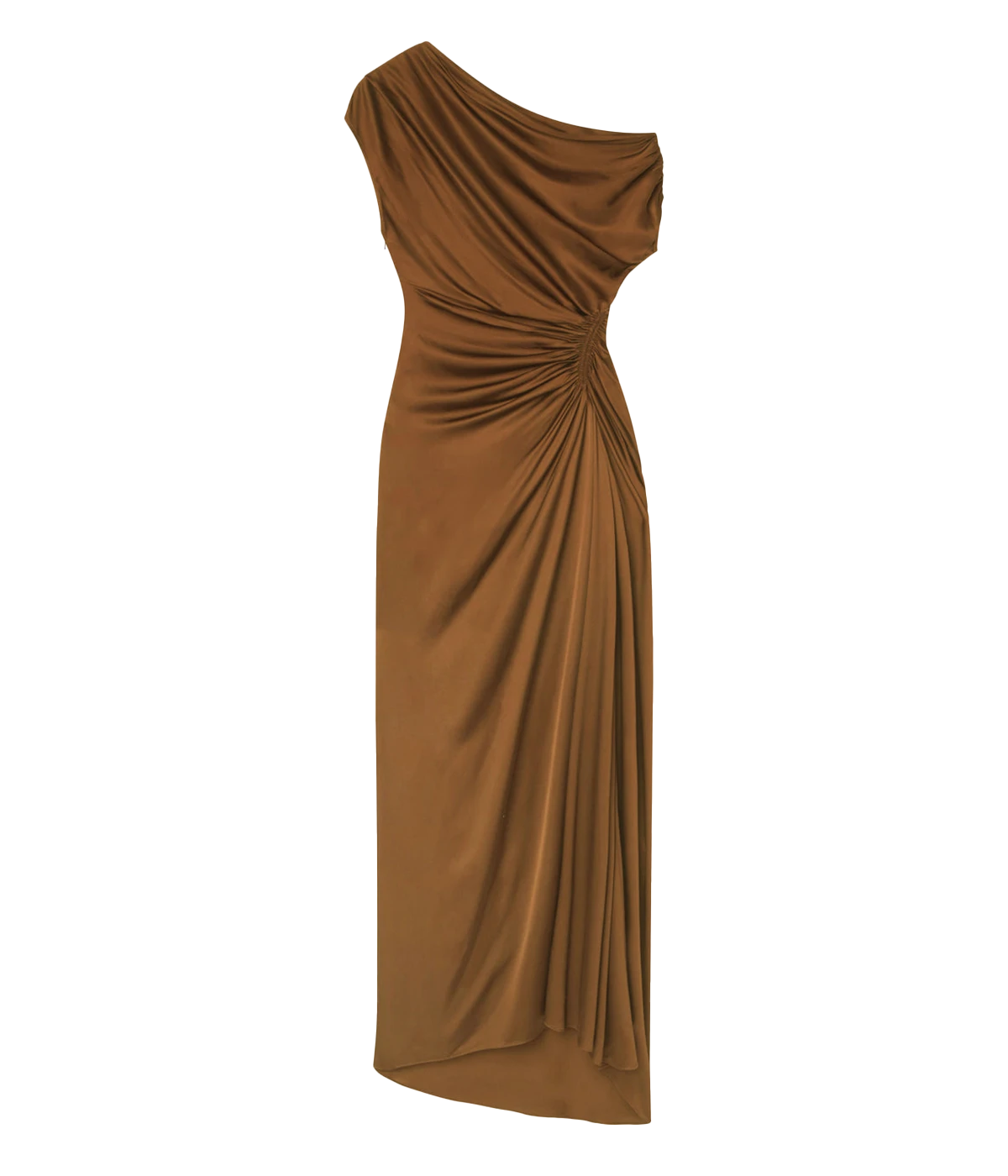 Lustrous Mocha Satin: The rich, shimmering fabric offers an understated yet luxurious look, catching the light with every movement.
Flattering Fit: The draped neckline and ruching at the waist create a silhouette that enhances your natural curves, providing both comfort and confidence.
Full-Length Elegance: With a refined design that flows effortlessly, this dress is perfect for both formal events and upscale occasions.