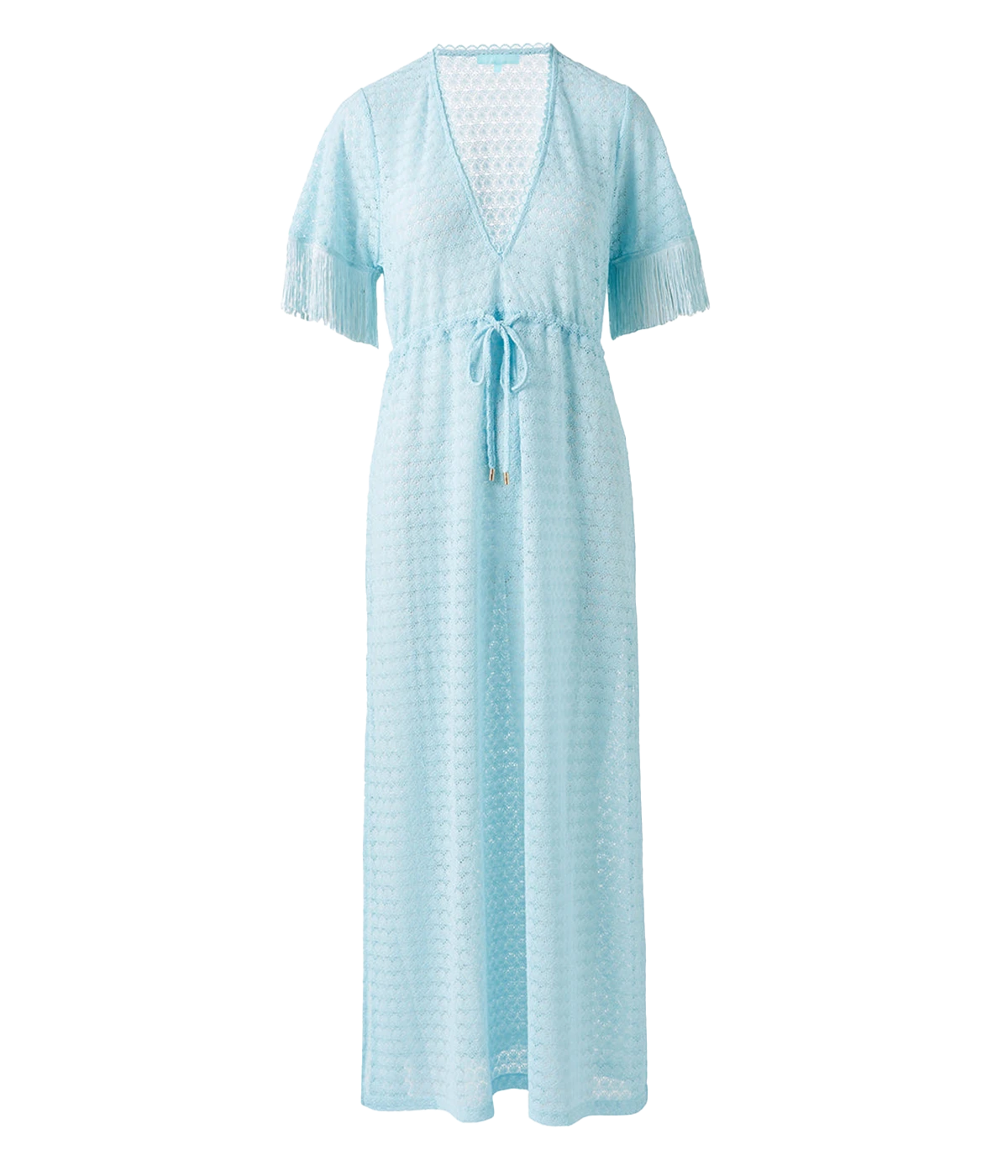 Effortless Elegance: A flattering V-neckline elongates the neck, while the chic waist tie cinches the waist for a tailored, feminine fit.
Playful Details: Fringe trim sleeves add a touch of boho-chic flair, making this dress a standout piece in your wardrobe.
Movement and Comfort: The side slit introduces freedom of movement and a hint of sultriness, ensuring all-day comfort and style.
Vacation-Ready Style: The luxurious sky-blue shade is perfect for sunny destinations, exuding tranquility and elegance.