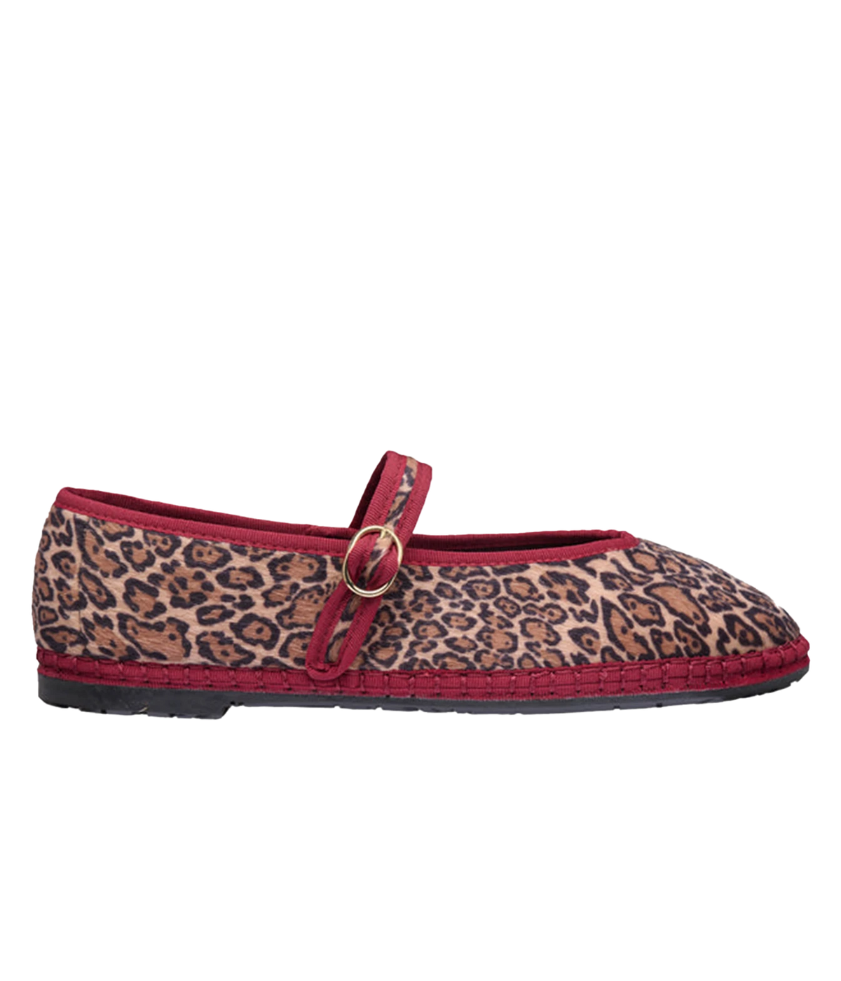 Side profile of the Flabelus Pierre in Leopard Garnet, showing the synthetic fur leopard print upper, contrast garnet piping and leopard print buckle strap