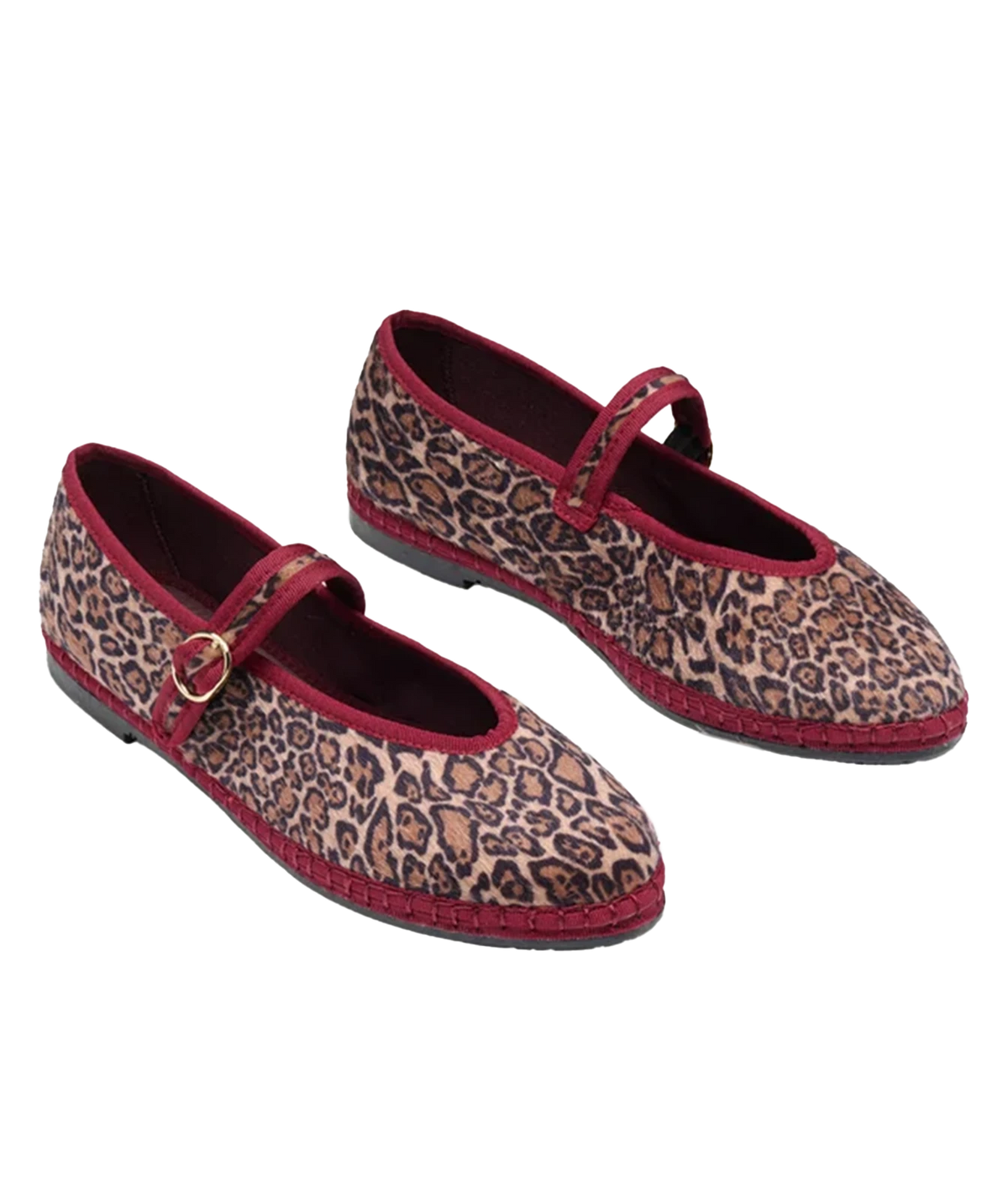 Pair of Flabelus Pierre in Leopard Garnet angled from the front, showing the V-cut vamp, leopard print upper and garnet piping