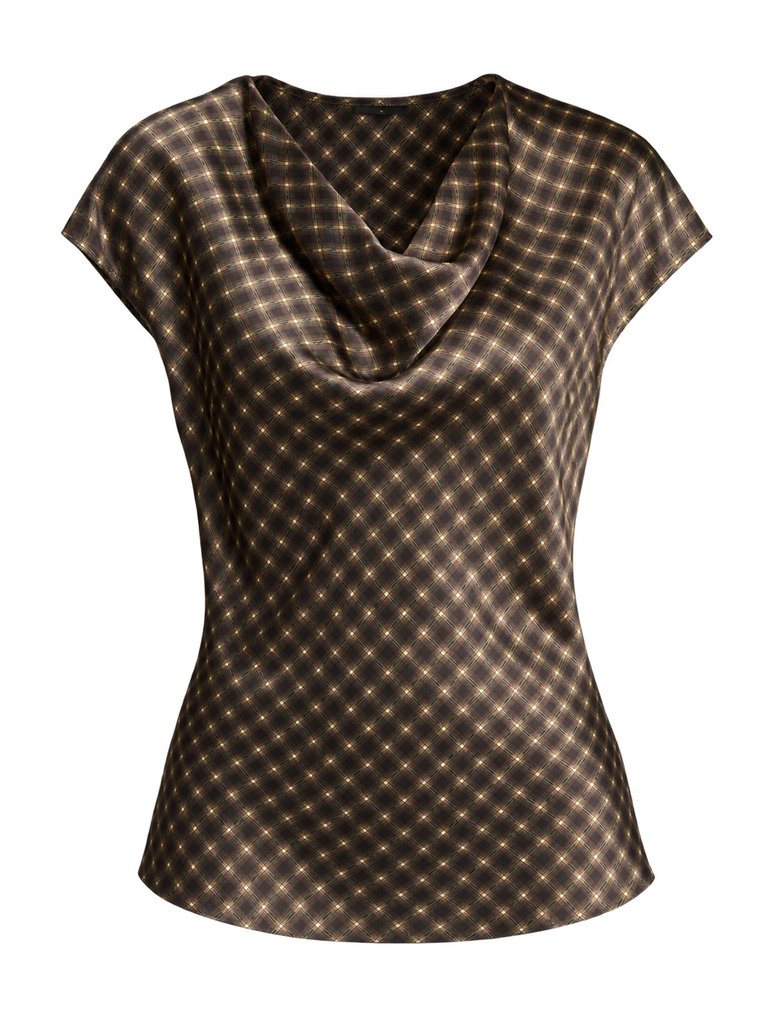 Product flat lay of the Vince Cowl Neck Blouse in Dark Camel, front view with draped cowl neckline and short sleeves.