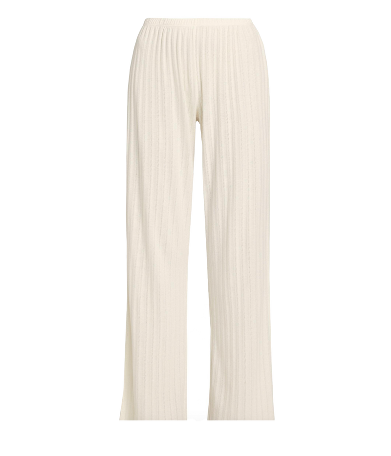 ALT text: Comfortable mid-rise straight leg pants with elastic waistband and lettuce edge hem, perfect for everyday wear and styled for relaxed versatility.