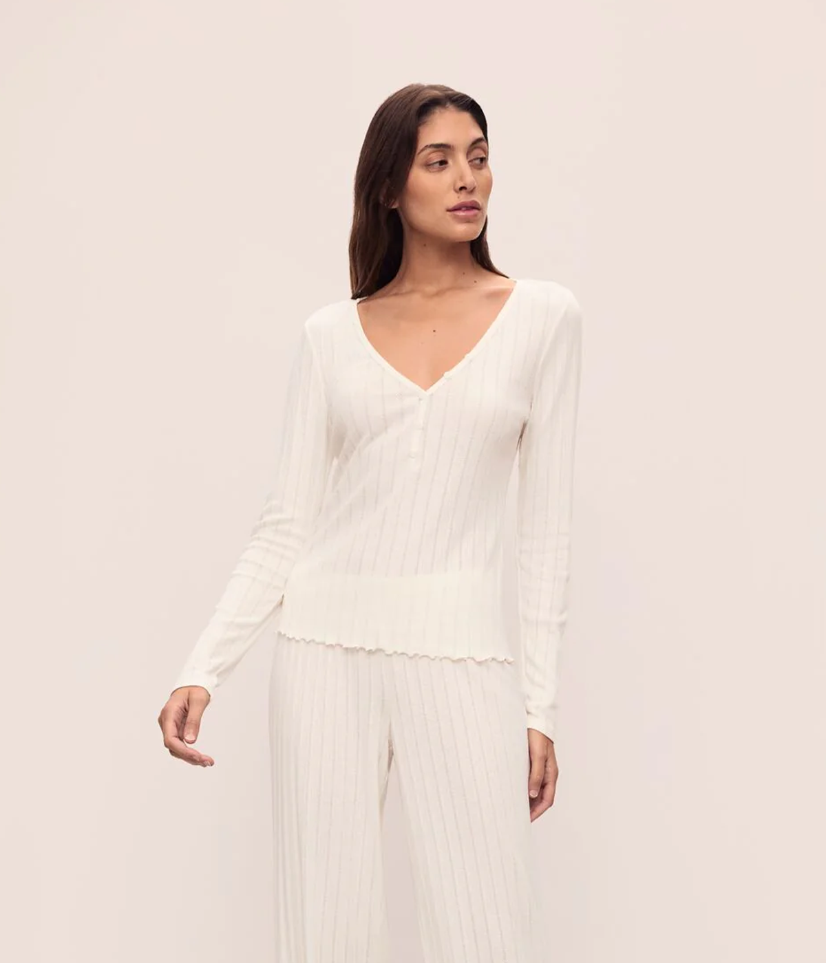 Pointelle V Neck Henley in Ivory