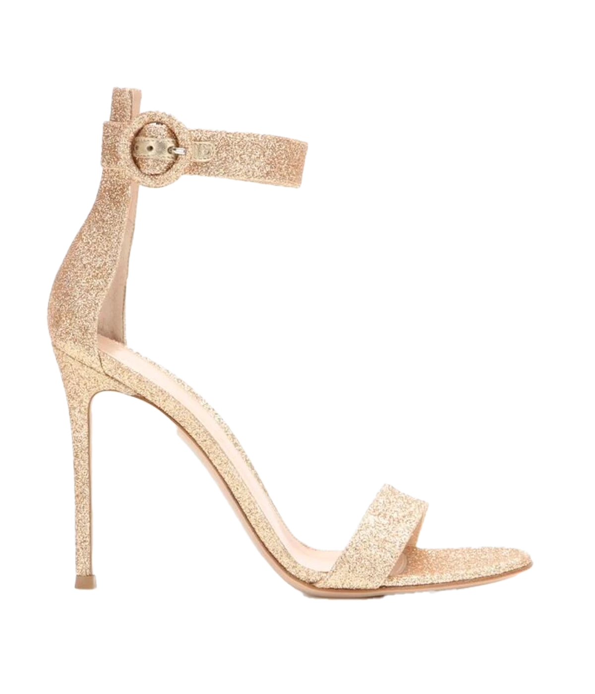 ALT Text: Silver leather sandals with slim straps, 105mm heel, and cushioned insoles, designed for comfort and style.