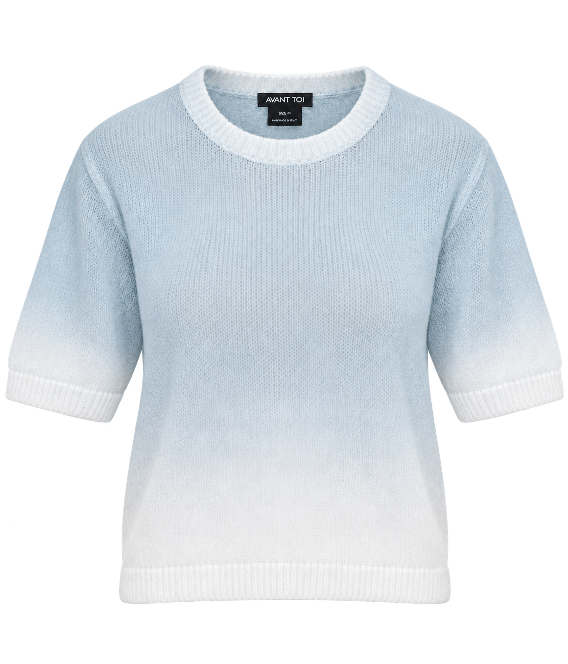 Avant Toi Short Sleeve Maglia Pullover in Dusty Blue, front view showing blue to white ombré knit, crew neckline and ribbed trims.
