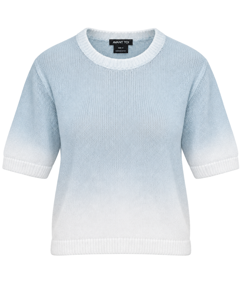 Avant Toi Short Sleeve Maglia Pullover in Dusty Blue, front view showing blue to white ombré knit, crew neckline and ribbed trims.
