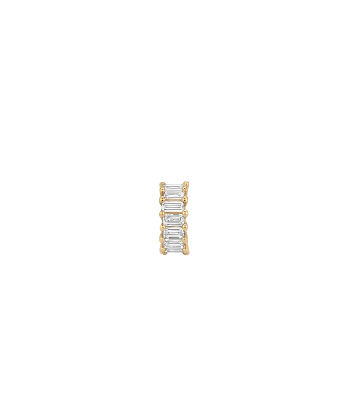A gold band ring featuring a vertical channel setting of five baguette-cut clear stones, shown against a plain white background.