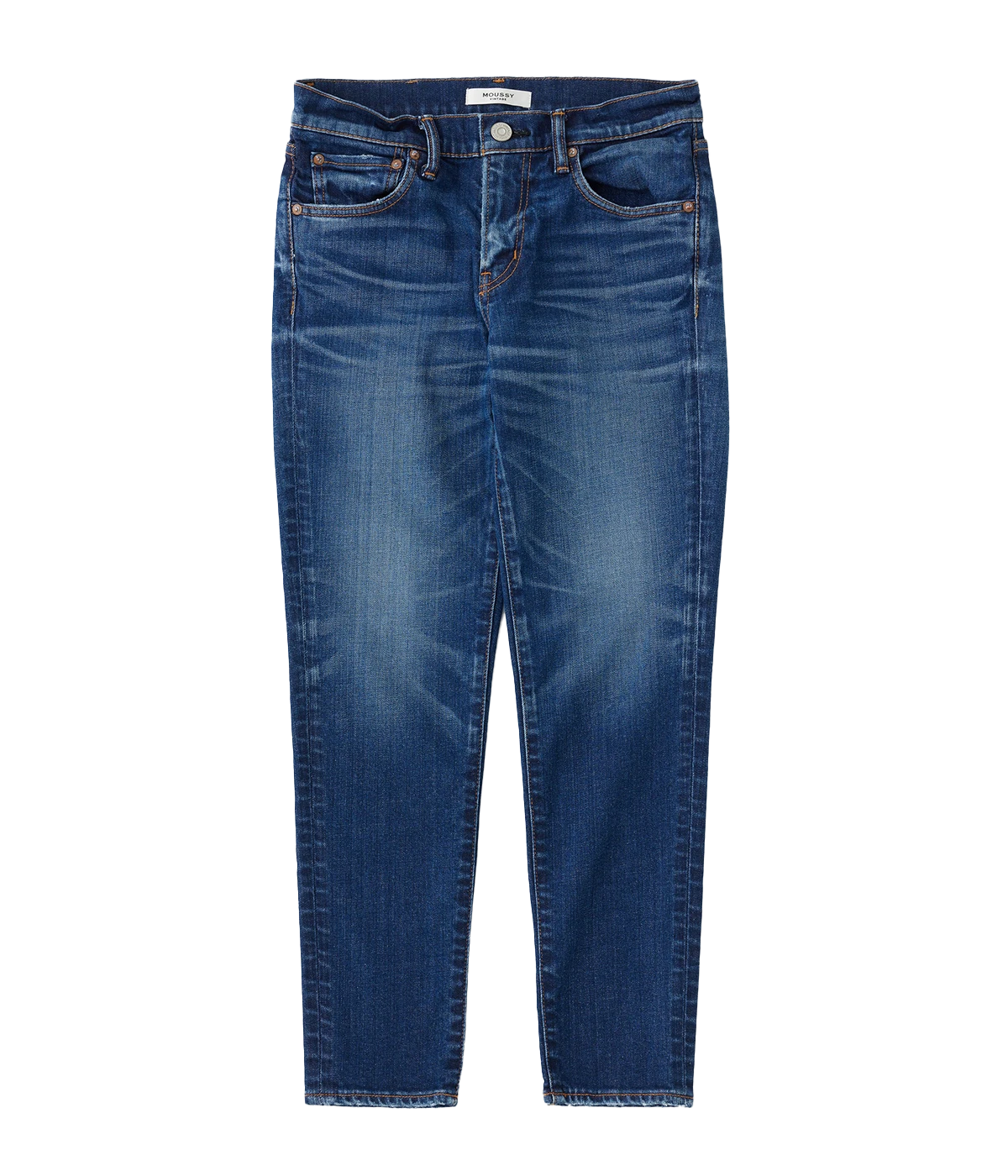 Dark blue skinny jeans with a low-rise waist and ankle-length fit, styled with a white blouse and heels for a chic, sophisticated look.