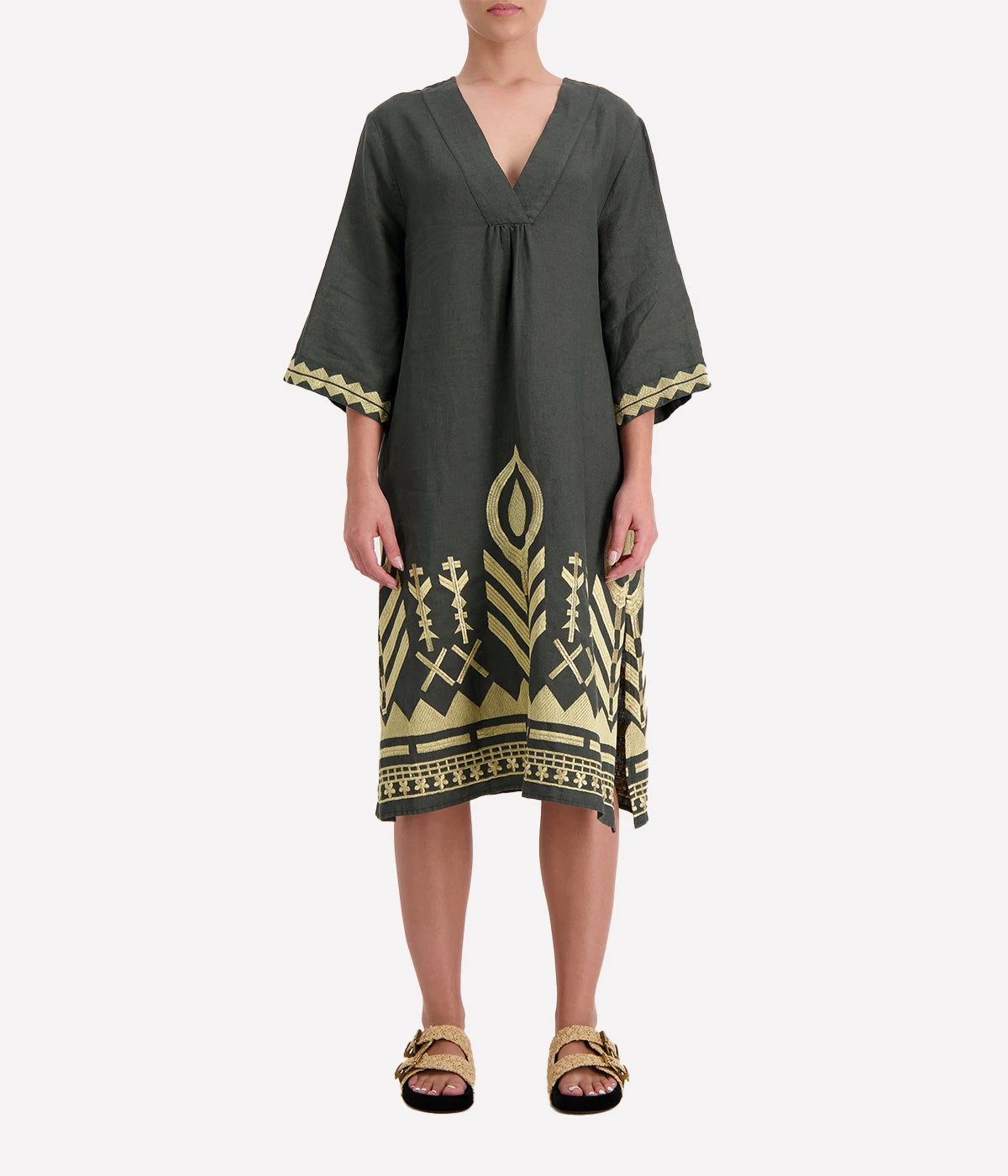 V Neck Father Dress in Khaki Gold