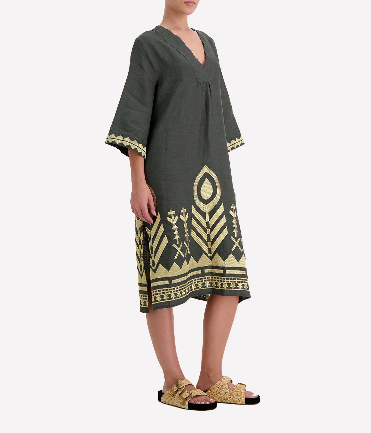 V Neck Father Dress in Khaki Gold