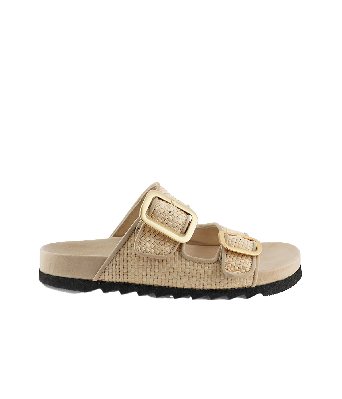 ALT text: Shari Raffia Sandals with woven raffia fabric, leather details, and bold double buckle design for a chic and comfortable fit.