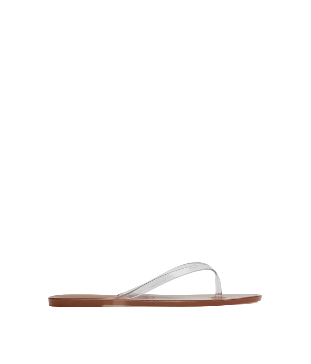 A single flat thong sandal shown in side profile, the sandal features a clear, transparent strap and a brown sole.