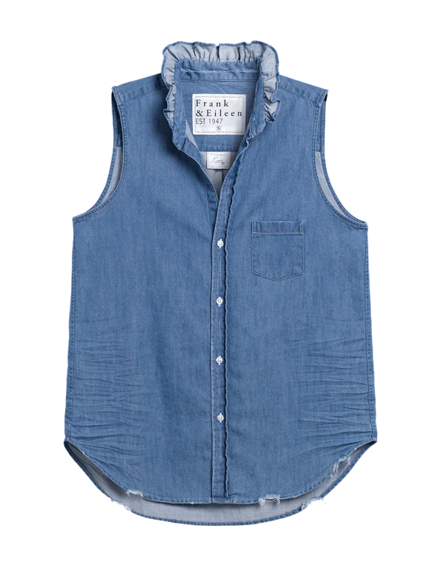 Fiona Ruffle Sleeveless Button Up In Vintage Stone Wash Indigo