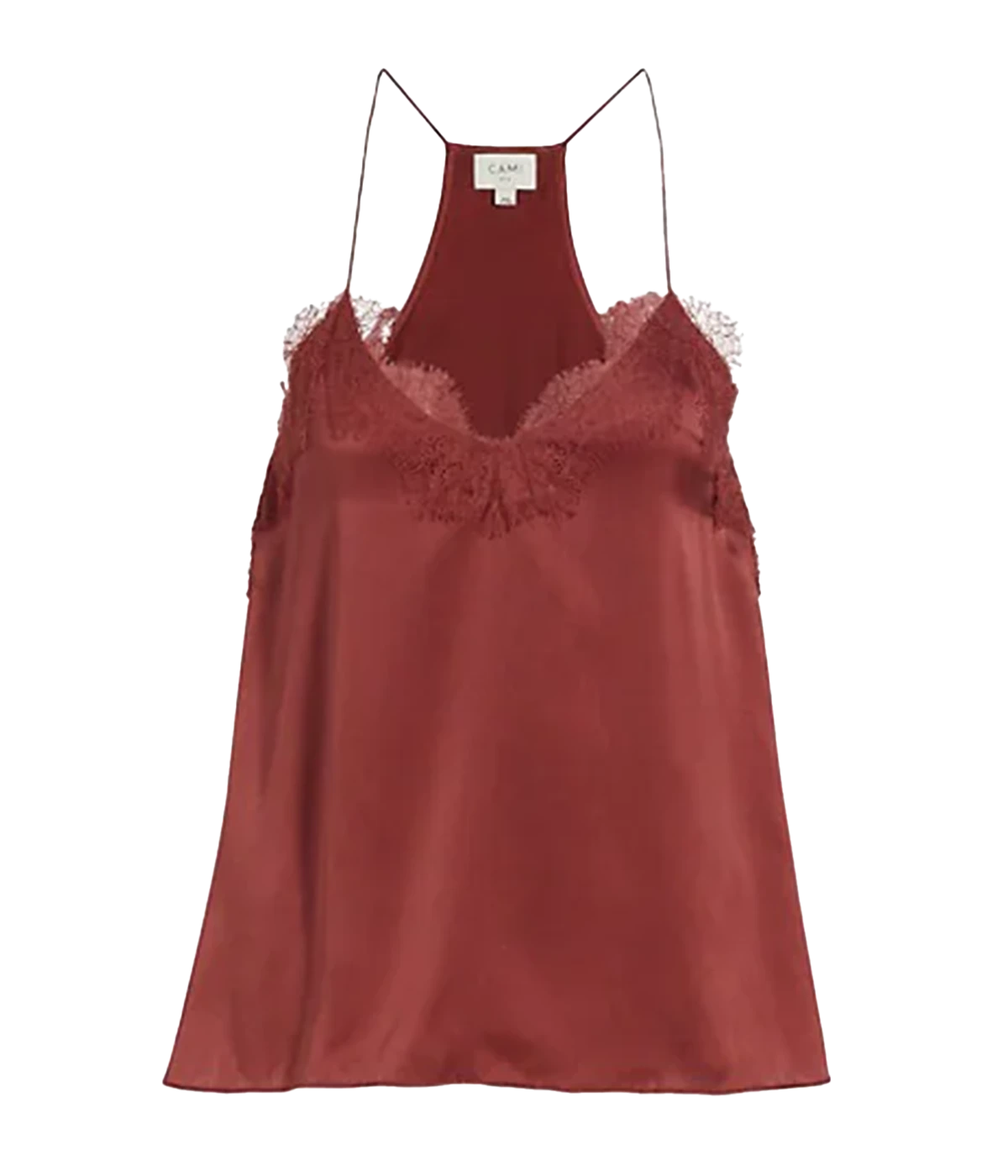 An 100% silk camisole in an burnt red orange colourway, with delicate lace trim and adjustable racer back straps. 100% silk, bra friendly, everyday elevated basic, bra friendly, V Neckline.  