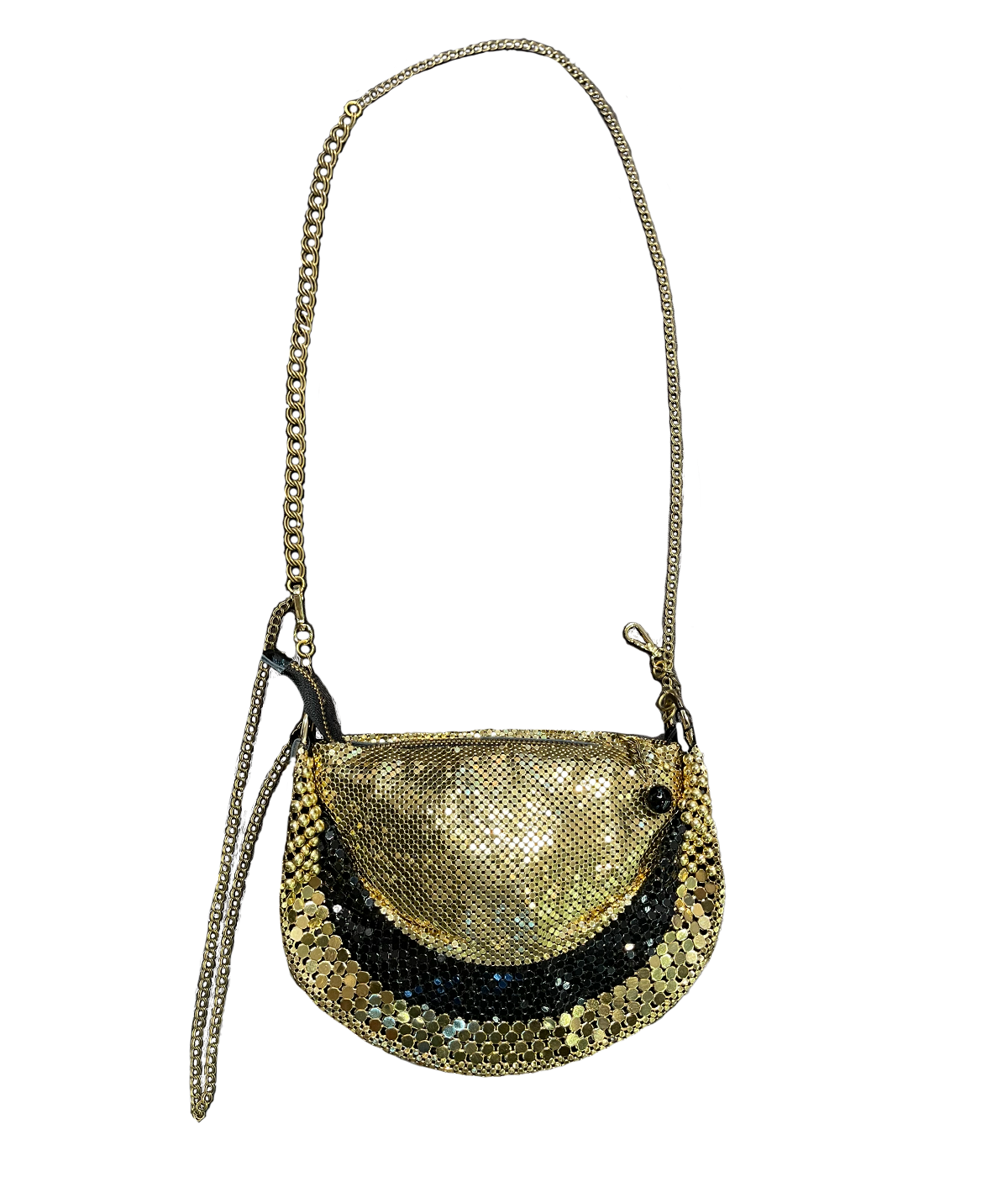 ALT text: Rachel U Bag in Black and Gold by Laura B, featuring gunmetal chain mail and a long crossbody chain.